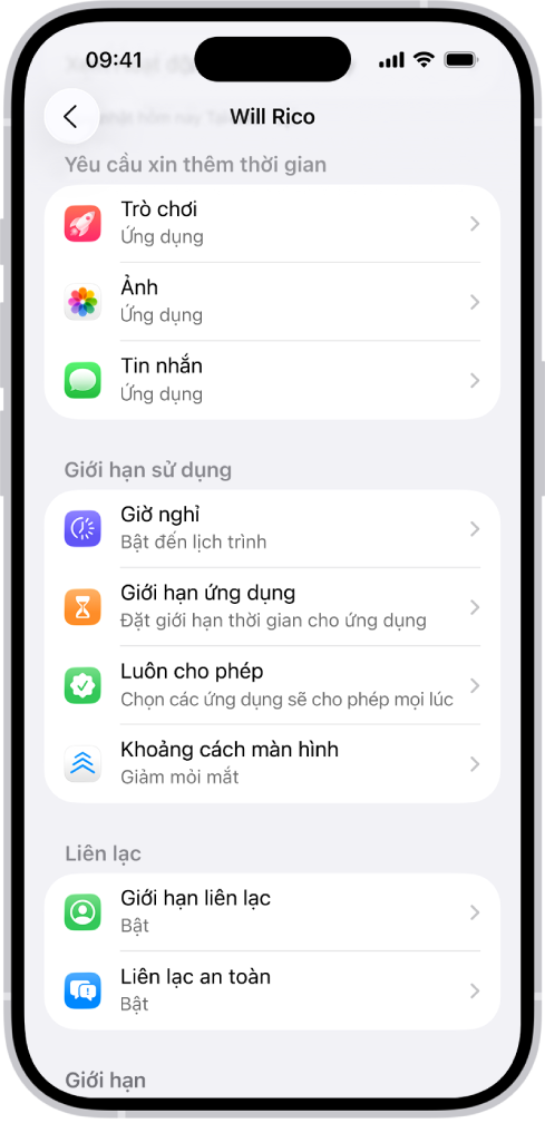 Màn hình cho một trẻ em trong nhóm Chia sẻ trong gia đình, đang hiển thị một phần cho Yêu cầu xin thêm thời gian.
