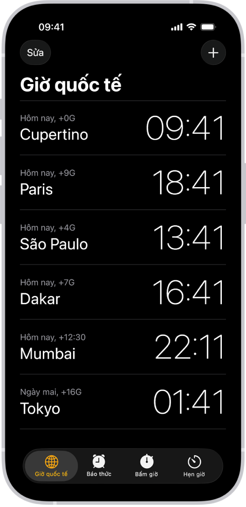 Tab Giờ quốc tế, đang hiển thị thời gian tại nhiều thành phố. Nút Sửa ở gần góc phía trên bên trái cho phép bạn sắp xếp lại hoặc xóa đồng hồ. Nút Thêm ở gần góc phía trên bên phải cho phép bạn thêm nhiều đồng hồ hơn. Các nút Giờ quốc tế, Báo thức, Bấm giờ và Hẹn giờ nằm ở dưới cùng.