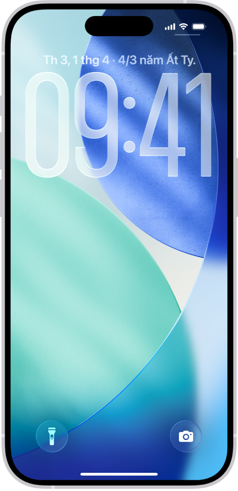 Màn hình khóa của iPhone đang hiển thị giờ và ngày ở gần trên cùng và các biểu tượng cho Đèn pin và Camera ở gần dưới cùng.