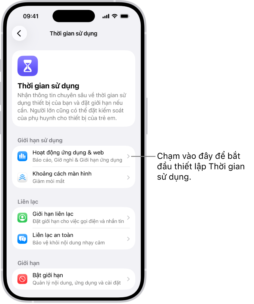 Màn hình thiết lập Thời gian sử dụng, đang cho biết rằng bạn chạm vào Hoạt động ứng dụng & web để bắt đầu.