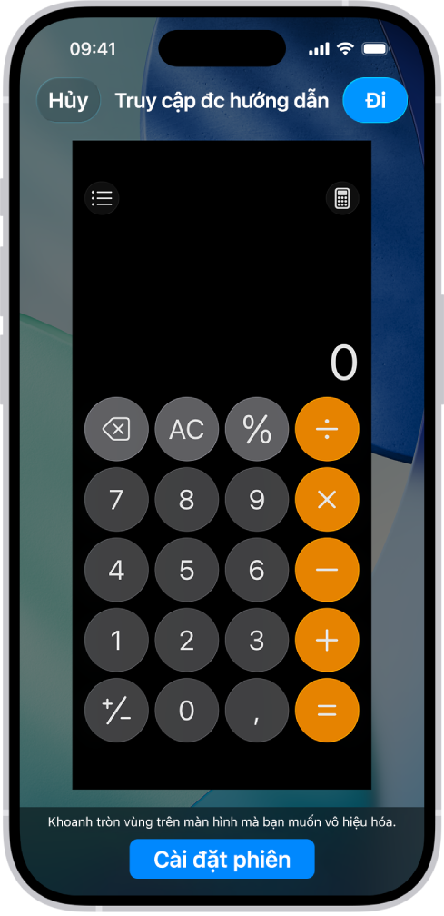 Màn hình iPhone hiển thị Truy cập được hướng dẫn đang được thiết lập. iPhone đang tạm thời bị khóa đến ứng dụng Máy tính và một trong các nút trong ứng dụng đã bị vô hiệu hóa.