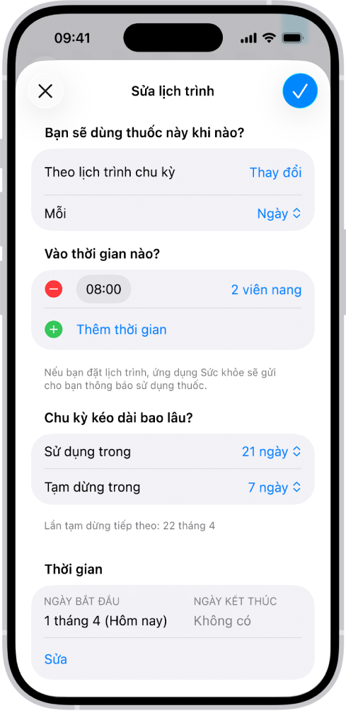 Màn hình Thuốc trong Sức khỏe đang hiển thị các tùy chọn để thay đổi lịch trình cho một loại thuốc.