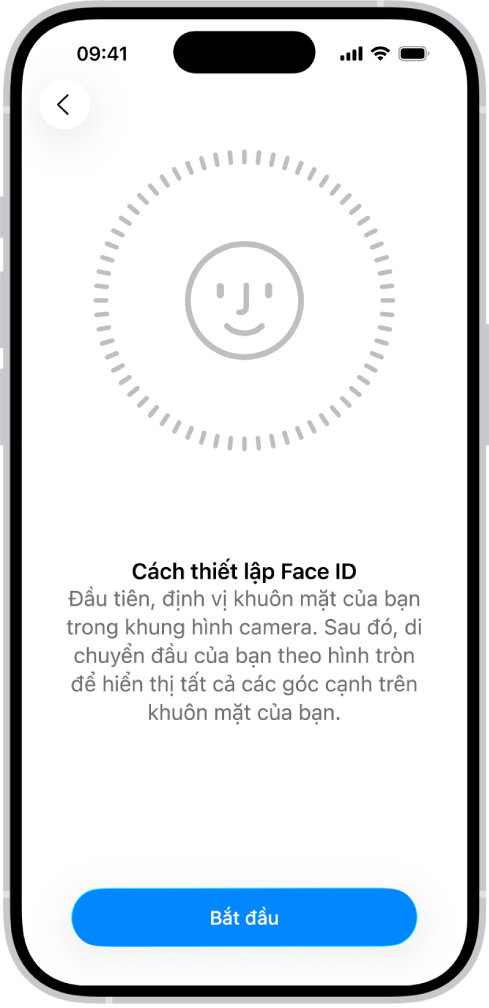 Màn hình thiết lập nhận dạng Face ID. Một khuôn mặt được hiển thị trên màn hình, được bao quanh trong một vòng tròn. Văn bản bên dưới khuôn mặt hướng dẫn người dùng di chuyển chậm đầu của họ để hoàn thành vòng tròn.