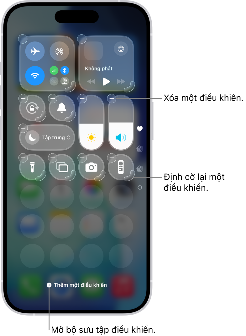 Trung tâm điều khiển đang được sửa, với một nút Xóa và điều chỉnh định cỡ trên mọi điều khiển.