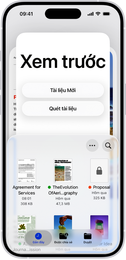 Màn hình chính của ứng dụng Xem trước, đang hiển thị các PDF và hình ảnh. Ở cuối màn hình là các tab Gần đây, Đã chia sẻ và Duyệt.