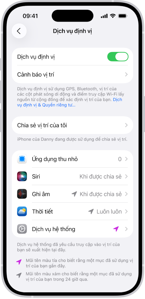 Màn hình Dịch vụ định vị, với cài đặt để chia sẻ vị trí của iPhone với các ứng dụng.