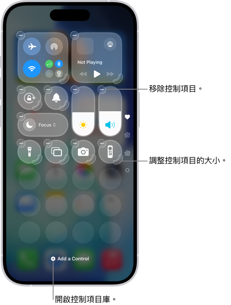 正在編輯的「控制中心」，其中每個控制項目上都有「移除」按鈕和調整大小控點。