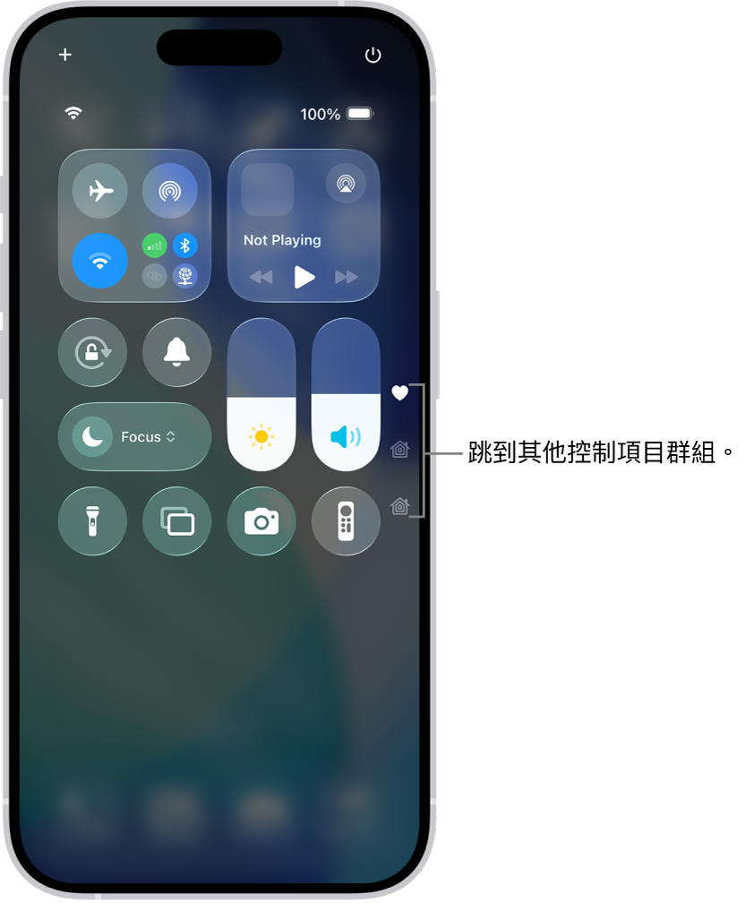 在 iPhone 畫面上開啟「控制中心」，其中右邊是用來檢視其他控制項目群組的圖像。