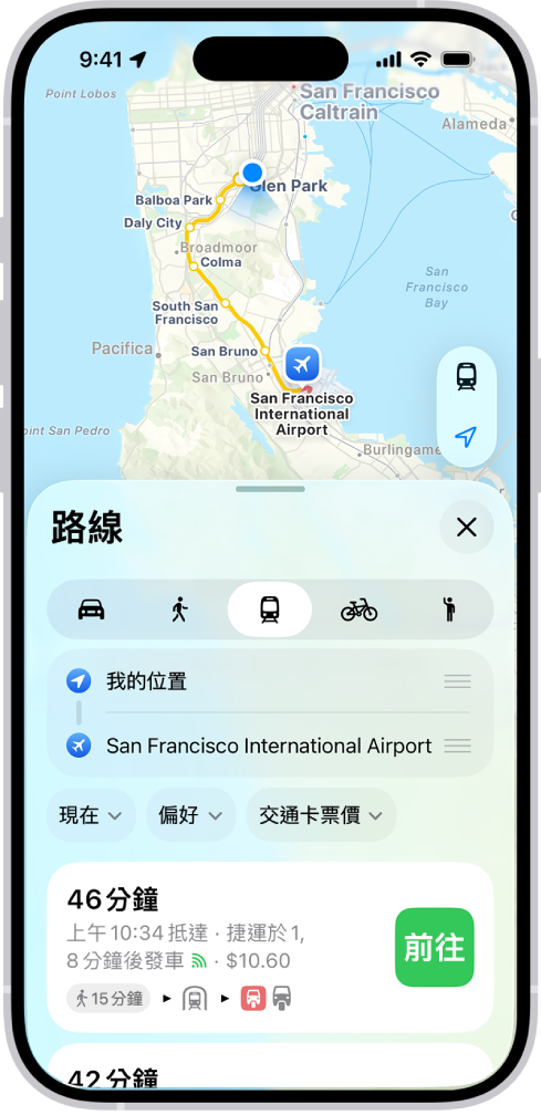 地圖顯示大眾運輸路線。路線卡底部提供路線的詳細資訊，包含預估路程時間和總花費。「前往」按鈕顯示在詳細資訊的右側。