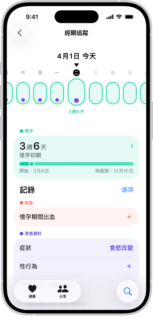 「經期追蹤」畫面最上方顯示懷孕時間列。淡綠色橢圓形和紫色圓點標記時間列上的前 5 天。虛線綠色橢圓形標記時間列上的其他天。時間列下方為懷孕摘要，顯示懷孕週數、開始日期和預產期。懷孕摘要下方選項可加入懷孕期間出血、症狀等資訊。