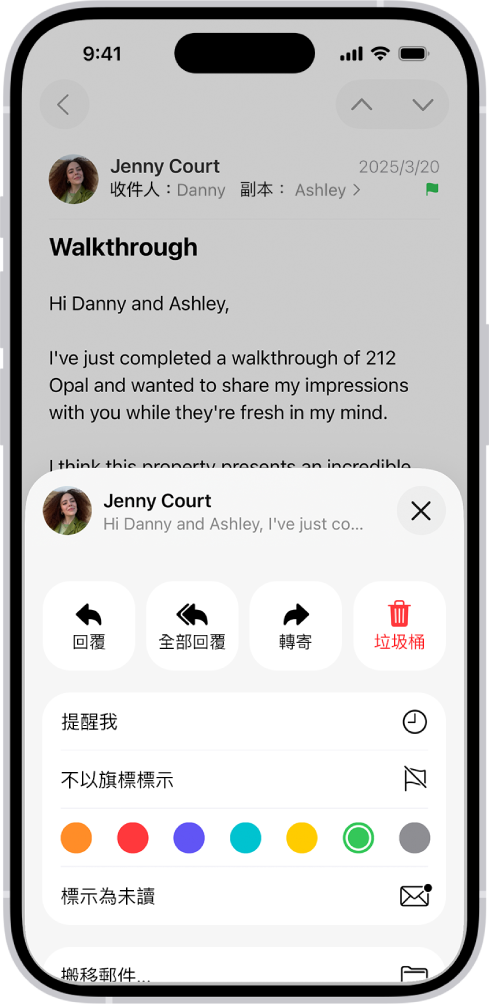 郵件在螢幕下半部顯示回覆選項，包含「不以旗標標示」按鈕和旗標顏色選項。