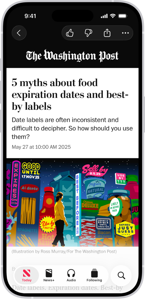 News App 中的新聞報導。底部有一排標籤頁，已選取 Today。