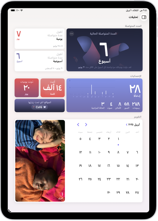 شاشة في تطبيق اليوميات تظهر بها المدة المتواصلة الحالية وقياسات مثل عدد الكلمات المكتوبة.