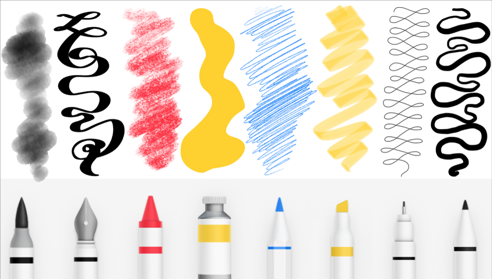 بعض أدوات الرسم والخطوط المرسومة في المساحة الحرة: أداة تحديد وقلم وأداة تمييز وقلم رصاص وقلم تلوين وقلم حبر وفرشاة ألوان مائية.