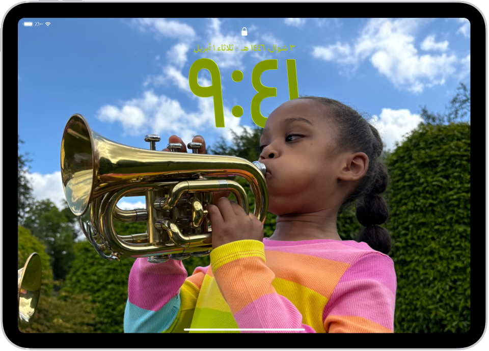 شاشة قفل iPad مع صورة مخصصة تملأ الشاشة.