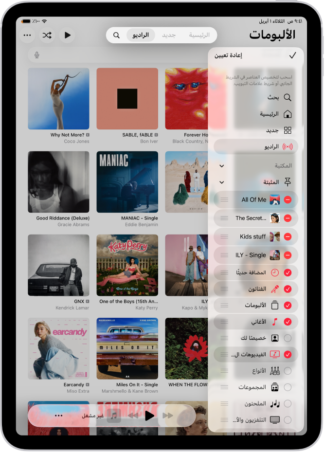 جهاز iPad في الاتجاه الرأسي، يعرض خيارات لتعديل الشريط الجانبي على اليمين وشريط علامات التبويب في الجزء العلوي من الشاشة.