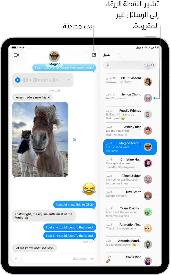 قائمة محادثات الرسائل على اليمين ونص المحادثة على اليسار. يتم تمييز الرسائل غير المقروءة بنقطة زرقاء.