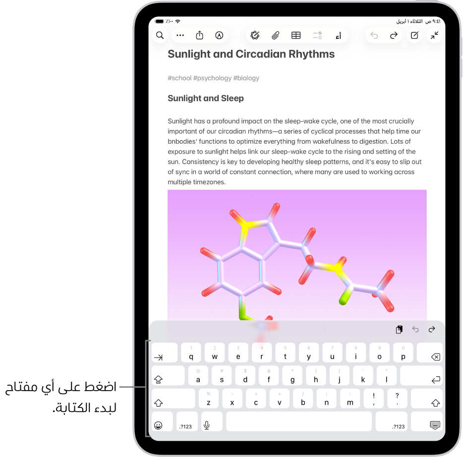 مستند مفتوح في تطبيق الملاحظات. لوحة المفاتيح على الشاشة في النصف السفلي من الشاشة.