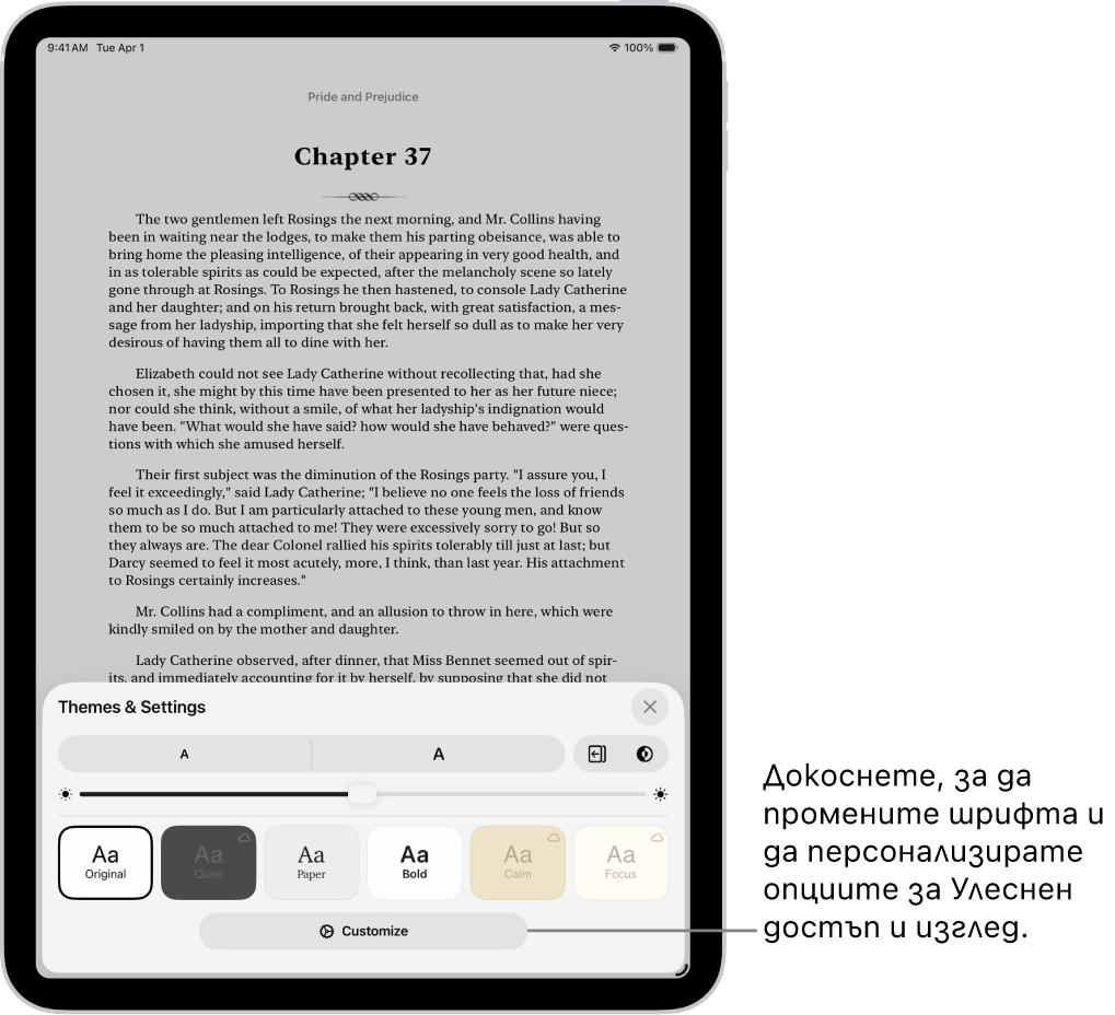 Страница от книга в приложението Книги. Опциите за теми и настройки показват бутони за управление на размера на шрифта, изгледа на прелистване, стила за прелистване на страница, яркостта и стиловете на шрифта.