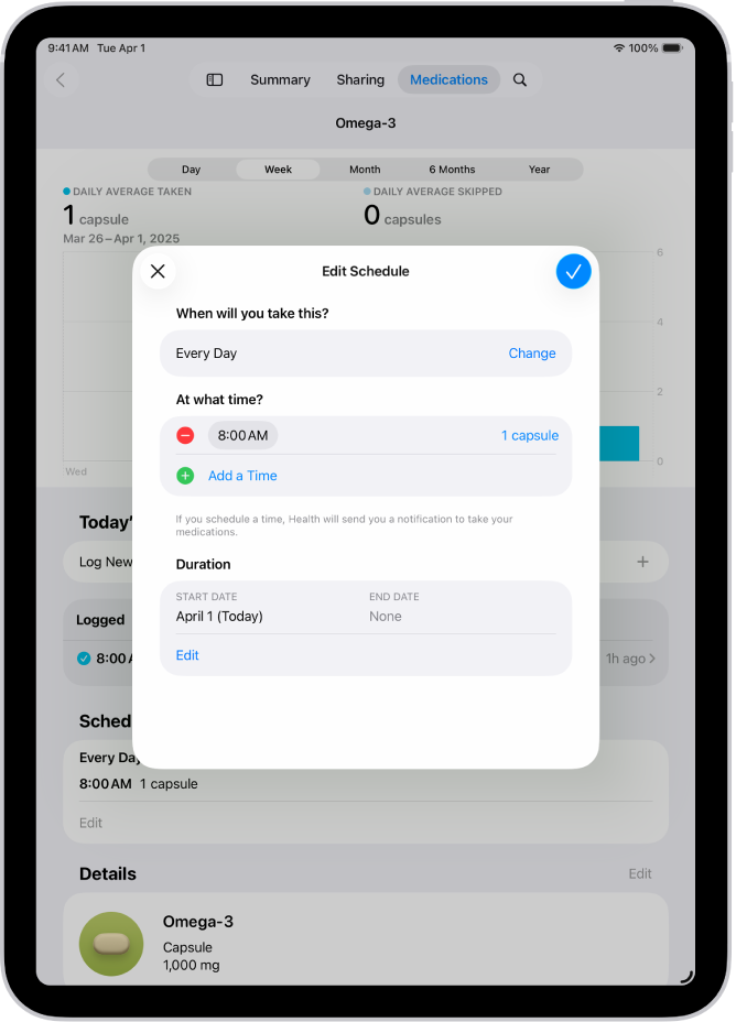 Pantalla de medicaments de l’app Salut, en què es mostren les opcions per modificar l’horari d’un medicament.