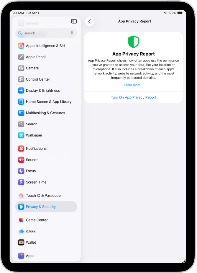 La pantalla de l’informe de privacitat e les apps, on pots activar un informe per veure amb quina freqüència fan servir les apps els permisos que els has concedit i quina activitat de xarxa tenen.