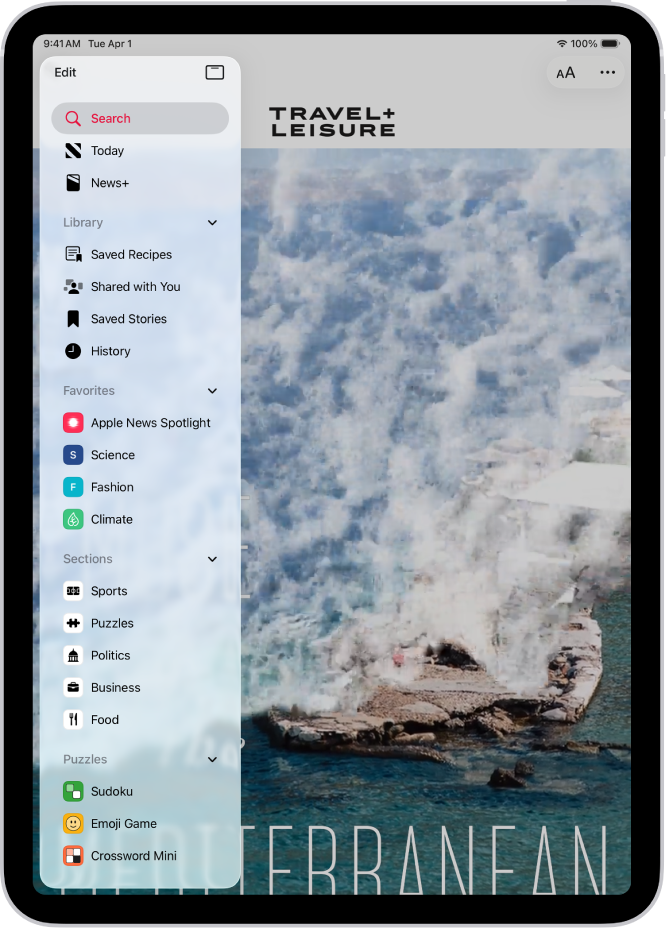 A l’app News, els canals i temes que segueixes es mostren a la barra lateral a sobre d’un article.