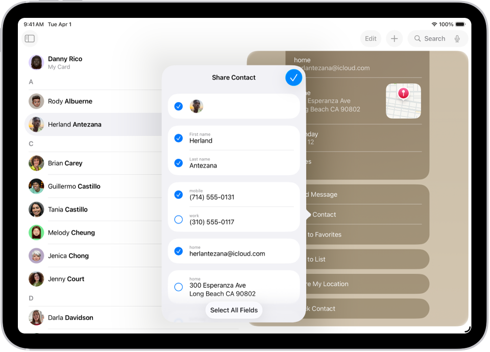 La finestra per compartir un contacte a l’app Contactes.