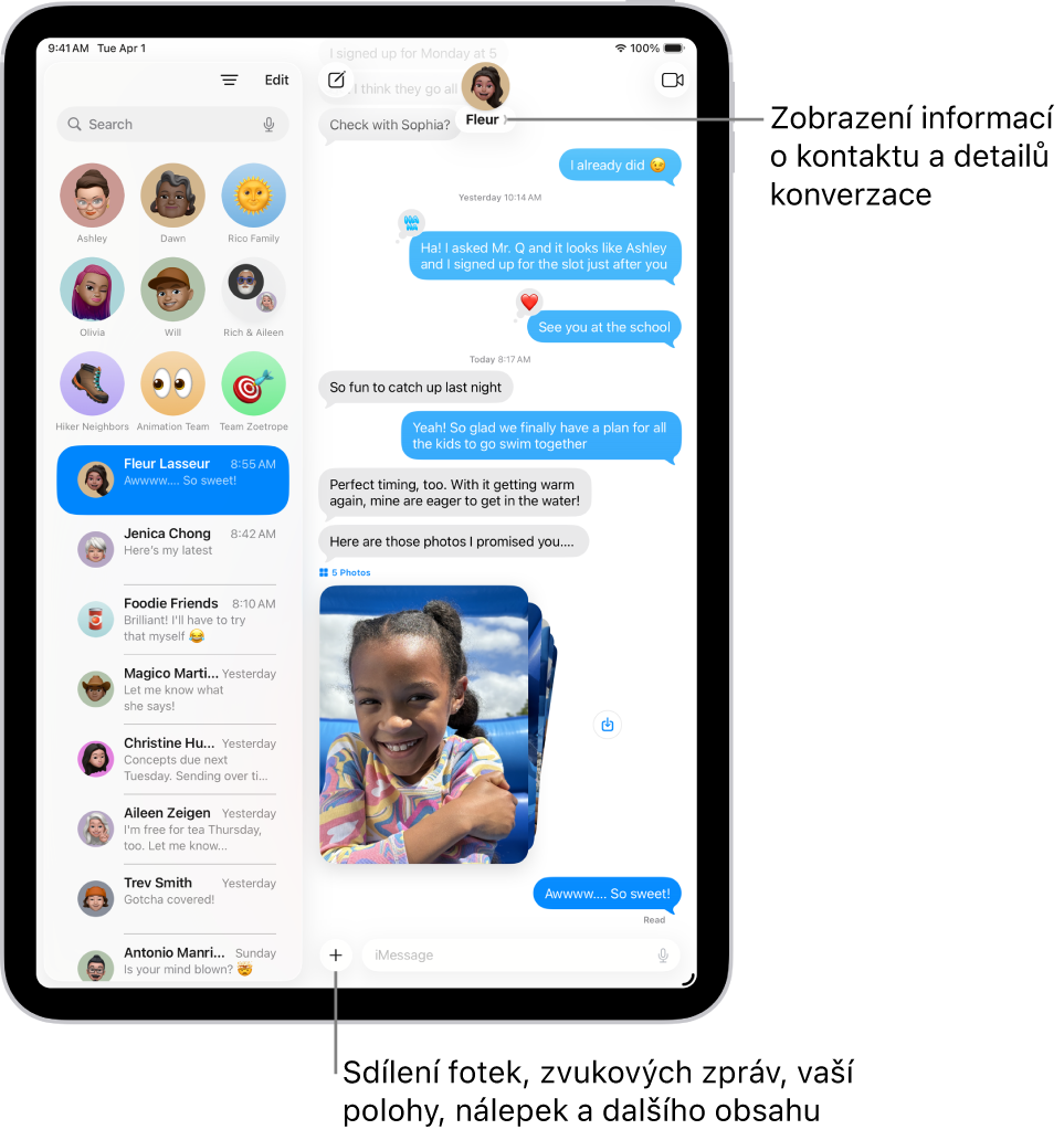 Vlevo seznam konverzací v aplikaci Zprávy, vpravo přepis konverzace. Klepnutím na ikony kontaktů nahoře je možné otevřít podrobnosti o konverzacích.