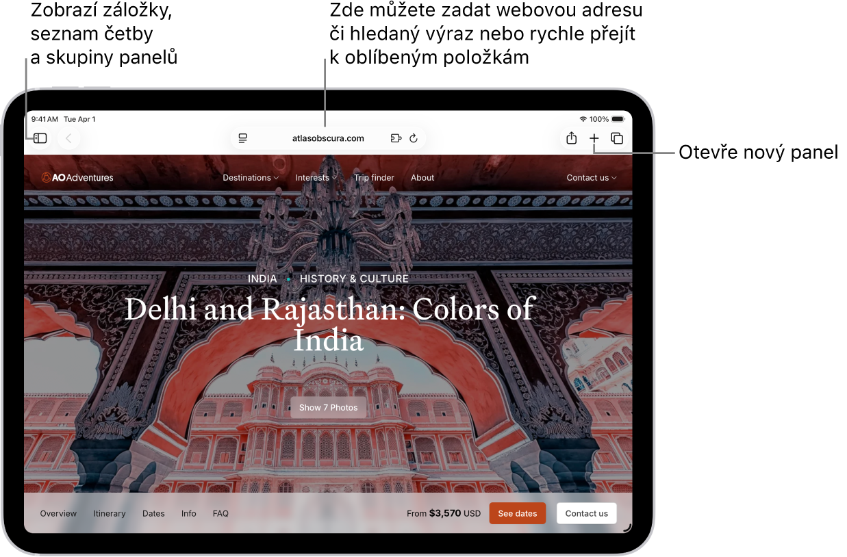 Otevřená webová stránka. Podél horního okraje se zleva doprava nachází tlačítko Boční panel, tlačítko Předchozí, vyhledávací pole, tlačítko Sdílet, tlačítko Nový panel a tlačítko Přehled panelů