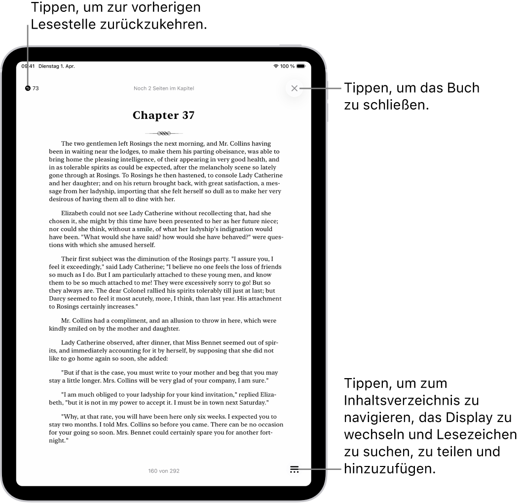 Eine Buchseite in der App „Bücher“. Obern auf dem Bildschirm befinden sich die Tasten zum Zurückkehren zu der Seite, auf der du mit dem Lesen begonnen hast, und zum Schließen des Buchs. Unten rechts auf dem Bildschirm befindet sich die Taste „Menü“.