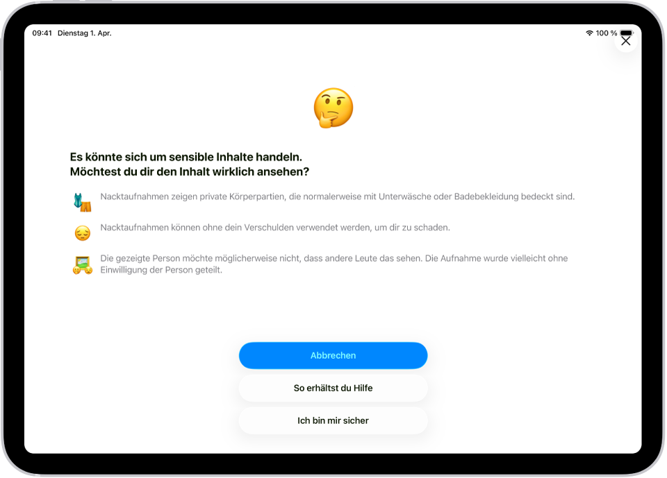 Der Bildschirm „Einstellungen“ zeigt die aktivierte Einstellung „Kommunikationssicherheit“.
