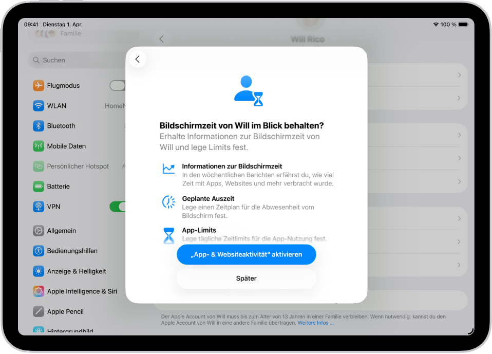 Ein Bildschirm „Einstellungen“ mit einer Überblendung, die die Konfiguration von „Bildschirmzeit“ zeigt.