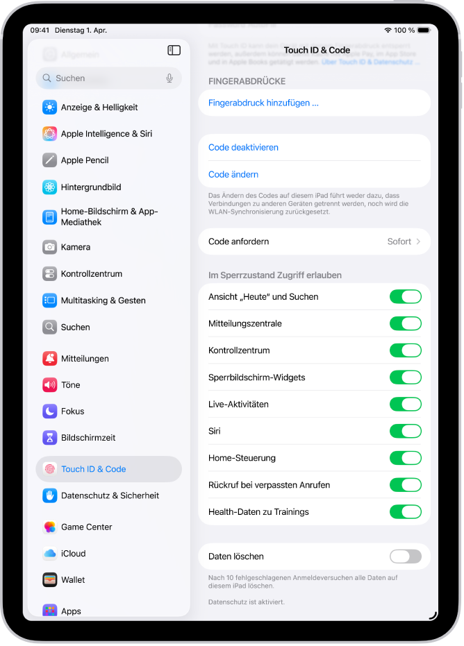 Der Bildschirm „Face ID & Code“ mit Optionen zum Erlauben des Zugriffs auf bestimmte Funktionen, wenn das iPad gesperrt ist.