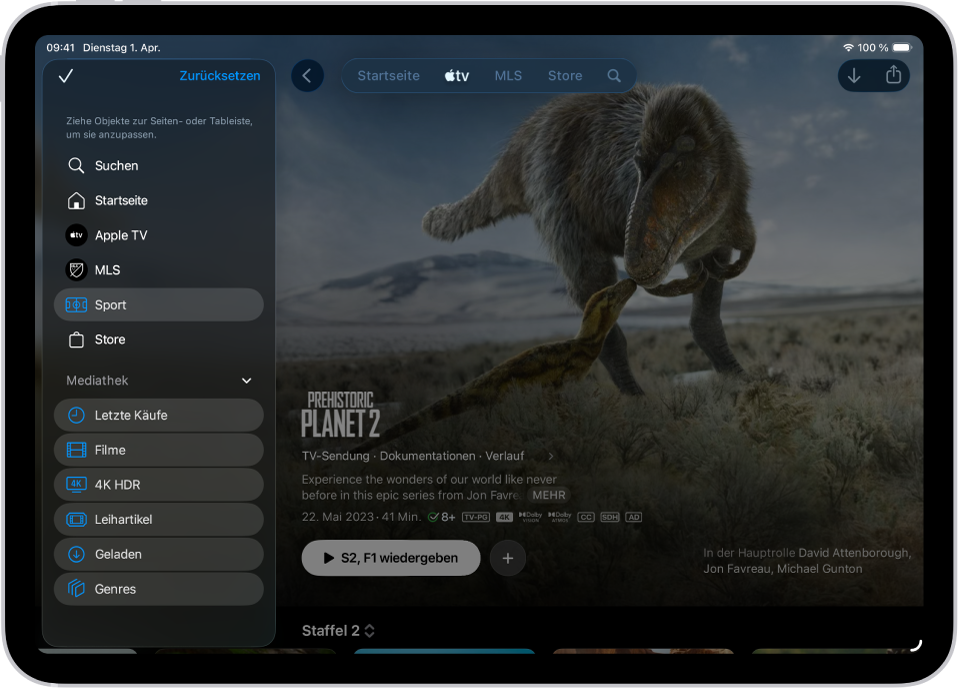 Ein iPad zeigt Optionen zum Bearbeiten der Tableiste oben auf dem Bildschirm.