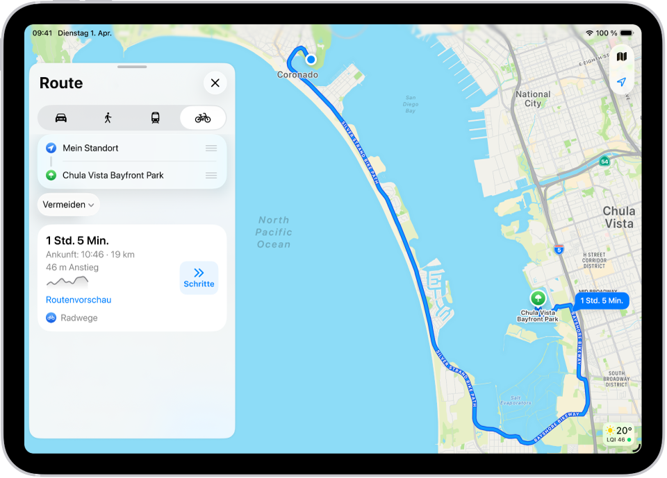 Eine Karte zeigt mehrere Fahrradrouten, von denen jede mit der Taste „Schritte“ versehen ist.