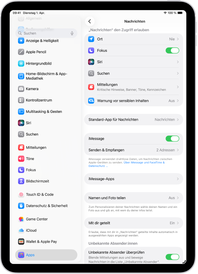 Der Einstellungsbereich „Nachrichten“. „iMessage“ ist aktiviert.