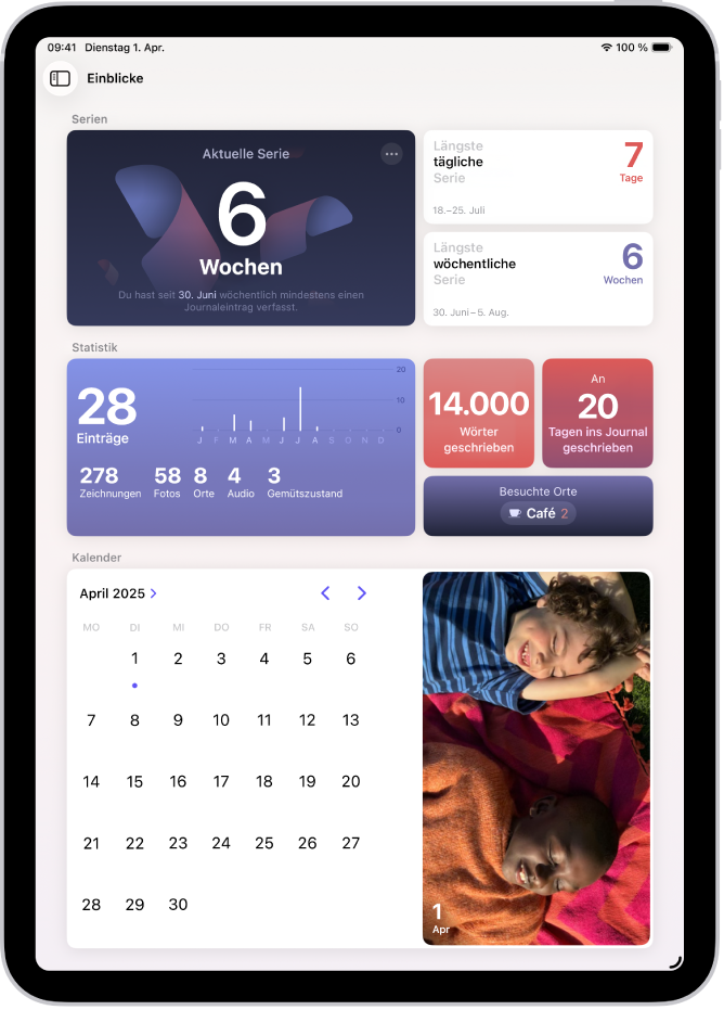 Ein Bildschirm in der App „Journal“ zeigt die aktuelle Serie und Messwerte, wie die Anzahl der geschriebenen Wörter.