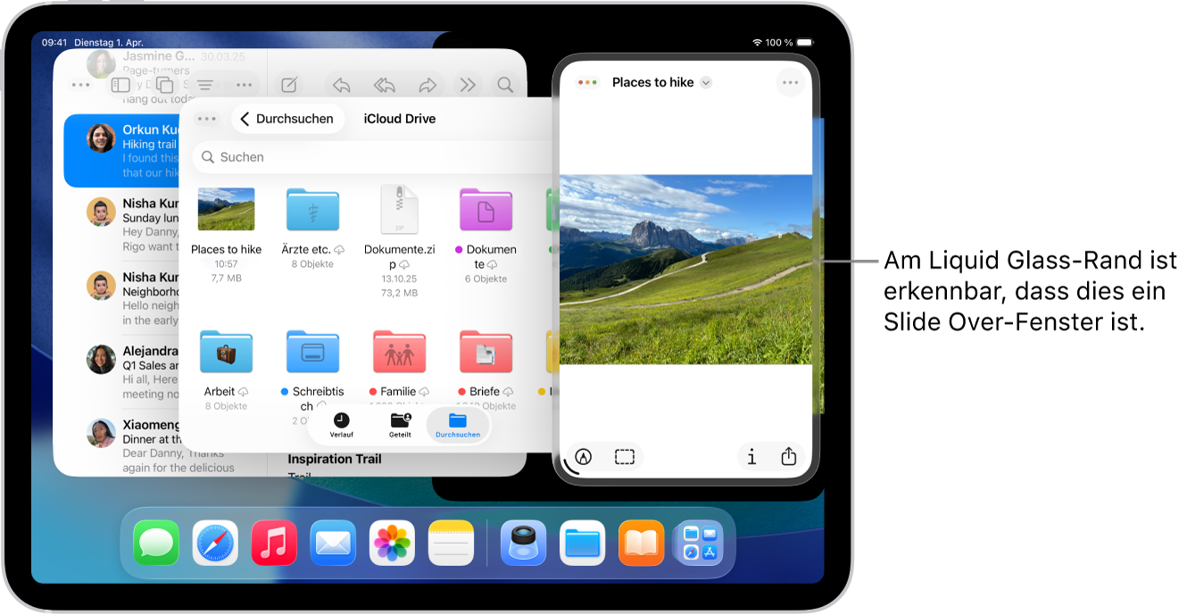 Drei App-Fenster werden auf dem Bildschirm geöffnet, eines davon ist ein Slide Over-Fenster, was durch die Liquid Glass-Umrandung angezeigt wird.