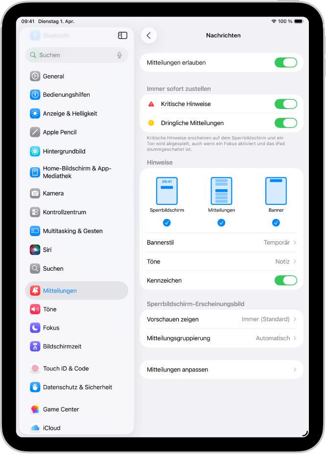 Einstellungen für „Nachrichtenmitteilungen“ in „Einstellungen“.