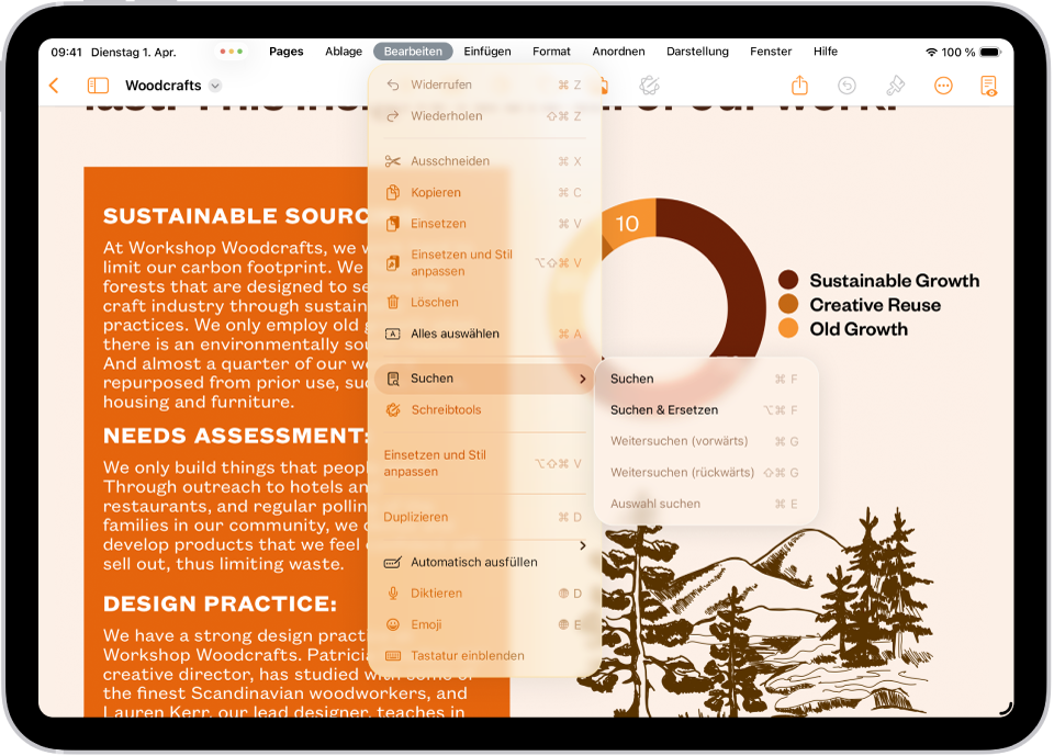 Die geöffnete App „Pages“ mit der Menüleiste oben auf dem Bildschirm. Das Menü „Bearbeiten“ in der Menüleiste ist geöffnet und zeigt eine Liste mit ausführbaren Aktionen, einschließlich „Alle auswählen“, „Suchen“, „Duplizieren“ usw.