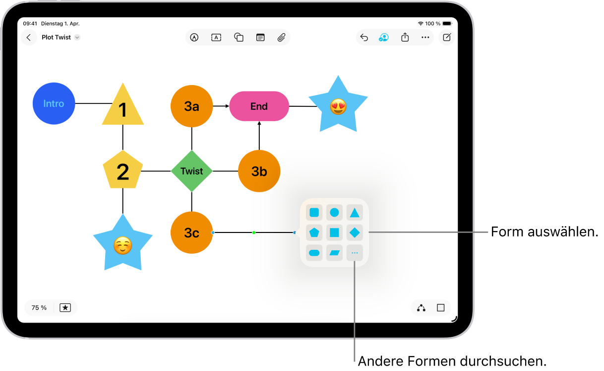 Ein Diagramm auf einem Freeform-Board, dem eine neue Form hinzugefügt wird.