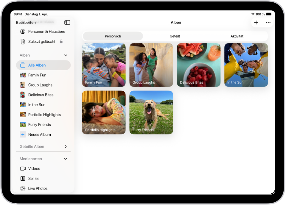 In der App „Fotos“ ist der Bereich „Alben“ geöffnet. „Persönlich“ ist ausgewählt. Auf dem übrigen iPad-Bildschirm werden Miniaturen von Alben in einem Raster angezeigt.