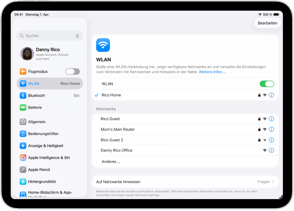 Der Bildschirm „Einstellungen“ zeigt verfügbare WLANs.