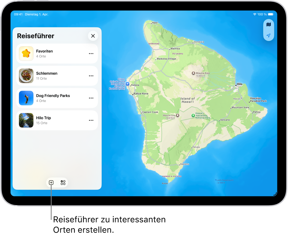 Ein in „Karten“ auf dem iPad erstellter Reiseführer zeigt eine Liste mit Orten auf der linken Seite und deren Standorten, die rechts auf der Karte markiert sind.