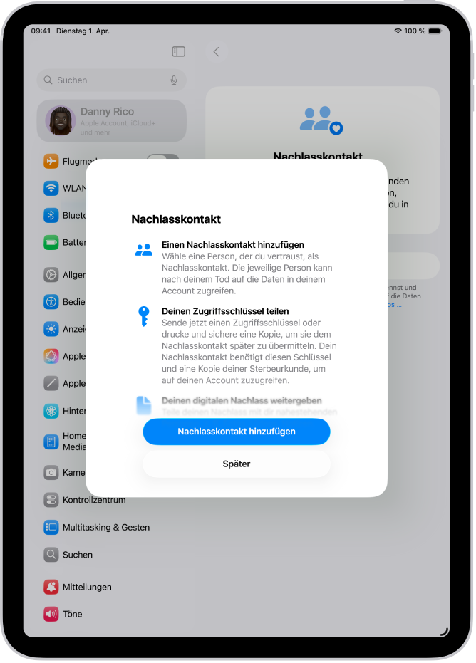 Der Bildschirm „Nachlasskontakt“ mit Informationen über die Funktion. Die Taste „Nachlasskontakte hinzufügen“ befindet sich unten.