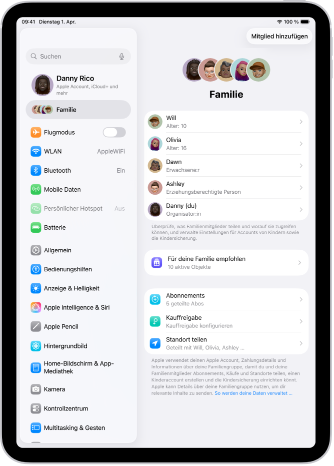Der Bildschirm „Familie“ in der App „Einstellungen“. Über den geteilten Funktionen sind bis zu fünf Familienmitglieder aufgeführt.