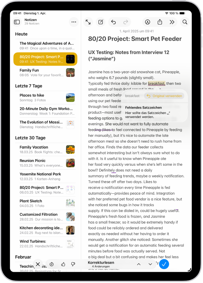 Ein iPad mit Text, der in der App „Notizen“ auf grammatische Fehler untersucht und bearbeitet wird.