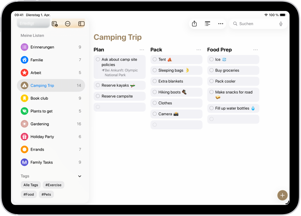 Die App „Erinnerungen“ mit einem Camping-Ausflug, dessen Kategorien in Spalten angeordnet sind.