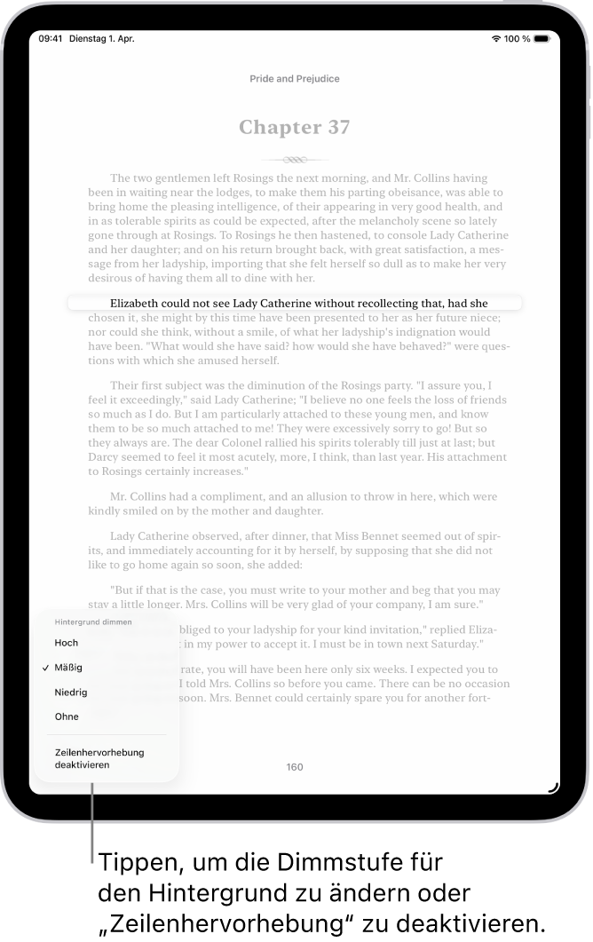 Eine Buchseite in der App „Bücher“. Eine Textzeile ist hervorgehoben und der übrige Text abgeblendet. Unten links auf der Seite ist das Menü „Zeilenhervorhebung“.