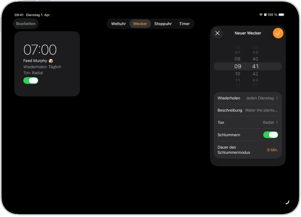 Der Tab „Wecker“ in der App „Uhr“ mit Einstellungen zum Festlegen der Uhrzeit und Optionen zum Auswählen der Wiederholung, Eingeben einer Beschreibung, Auswählen eines Tons, Aktivieren der Schlummerfunktion und Ändern der Schlummerdauer.